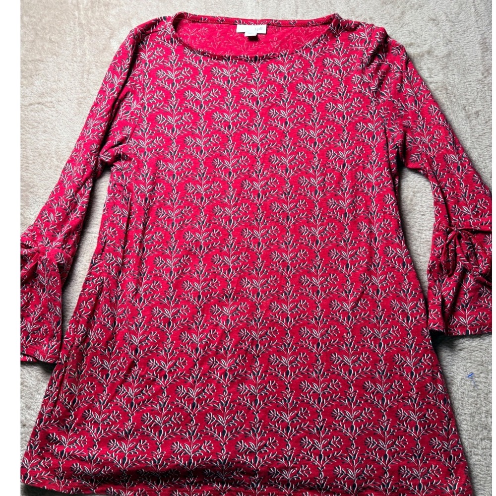 J. Jill XS Red Botanical Print Bell Sleeve Tie Tunic Top Nautical Hippie Summer